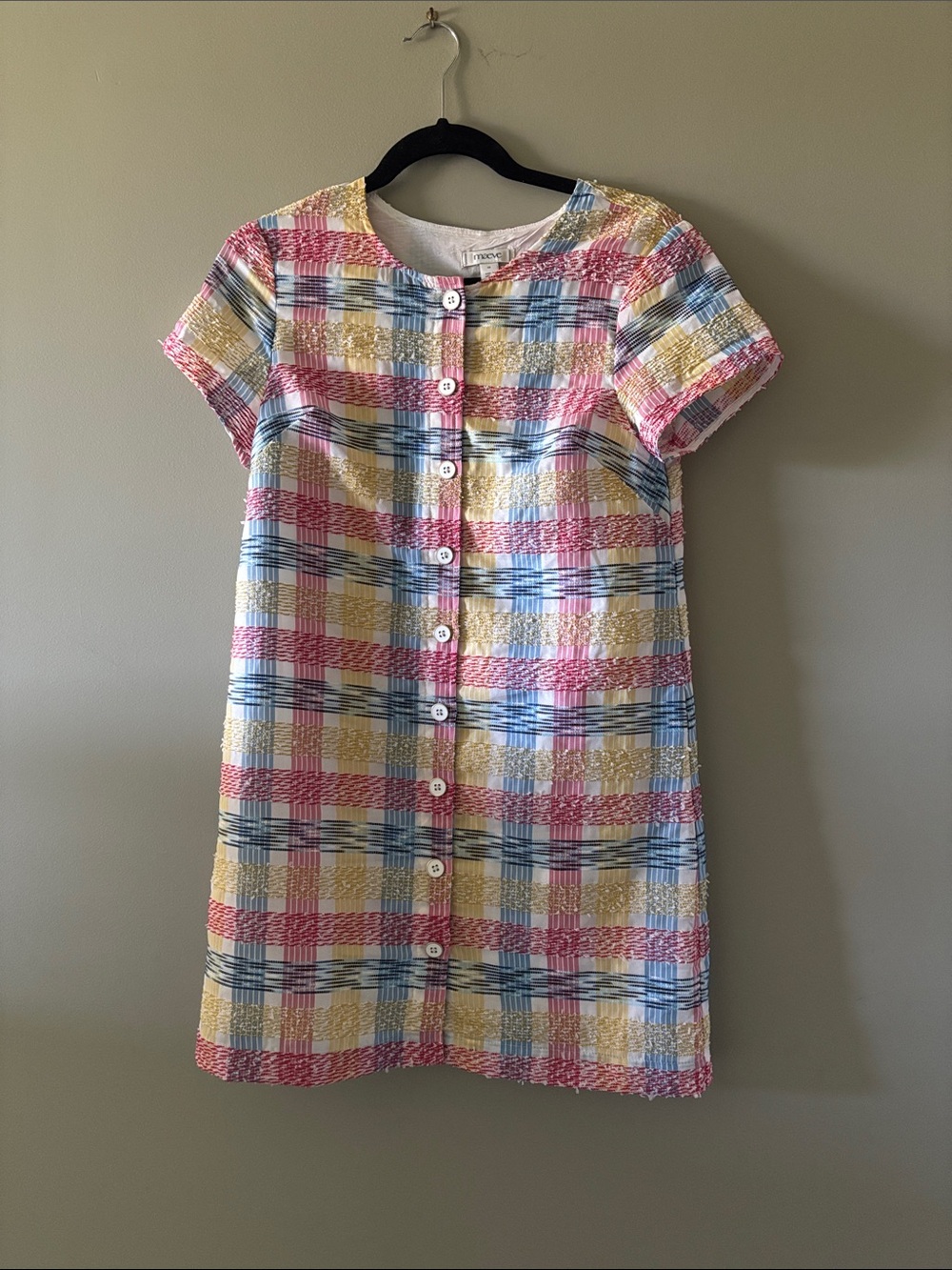 Maeve Pastel Plaid Button-Front Shift Dress in Pink, Yellow & Blue